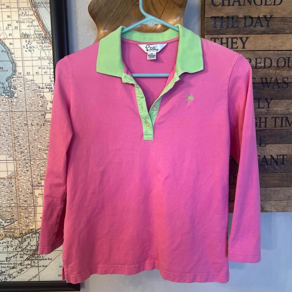 Lilly Pulitzer Womens Slim Fit 3/4 Sleeve Polo Size XS Pink Green Palm Logo